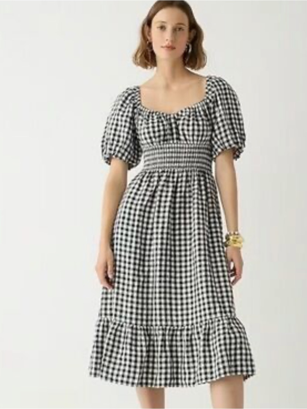 J. Crew gingham black and white puff sleeved cotton midi dress size large